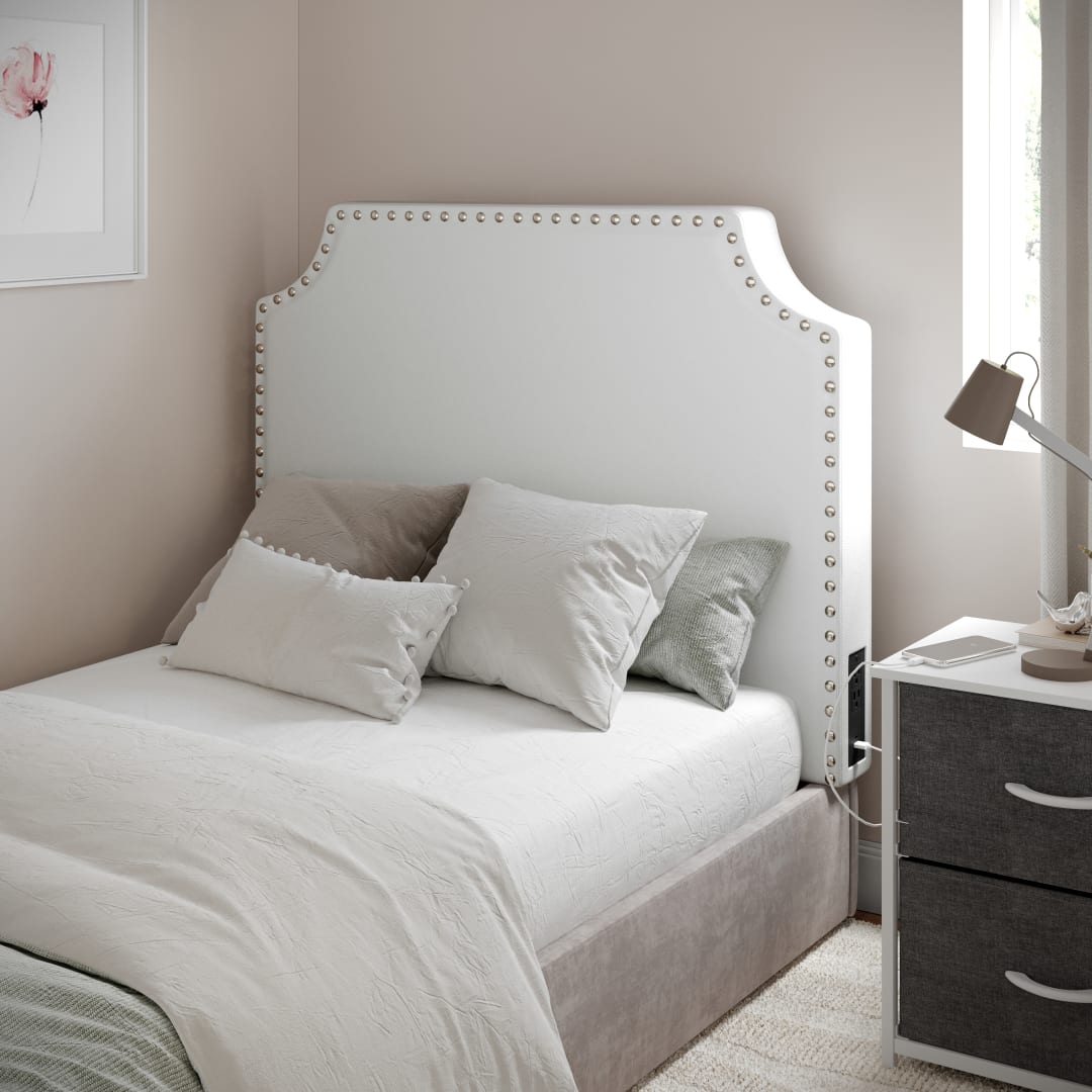 Adeline Contoured Twin Headboard with 2 Power Outlets, 1 USB and 1 USB Type-C Port with Studded LeatherSoft Upholstery and Dual Hanging Options, White