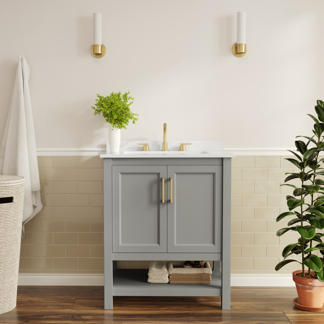 Vega 30" Bathroom Vanity with Sink, Storage Cabinet with Soft Close Doors &amp; Open Shelf, Carrara Marble Finish Counter &amp; Gold Hardware, Gray/White
