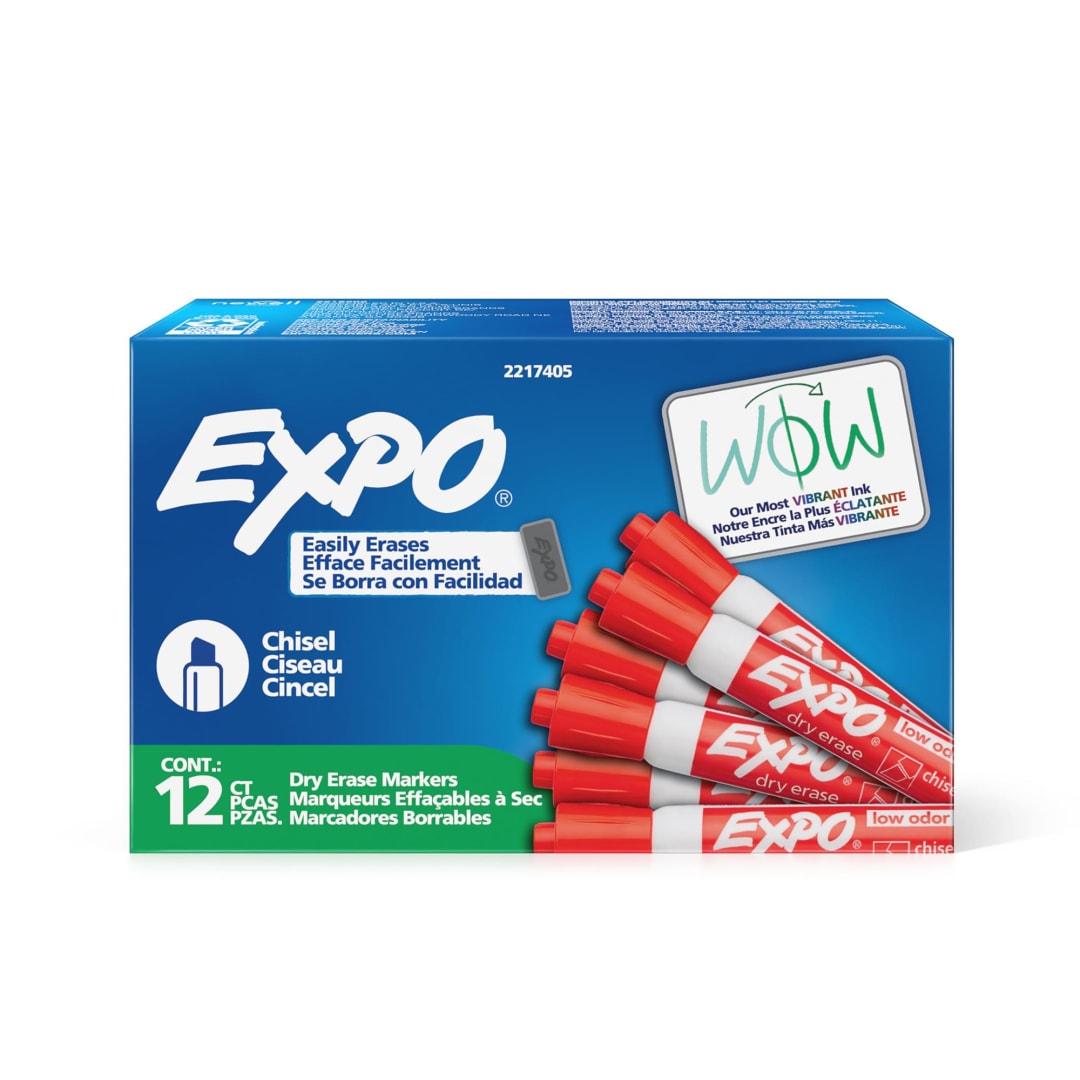EXPO Dry Erase Markers, Low Odor Ink, Red, Chisel Tip, 12 Count
