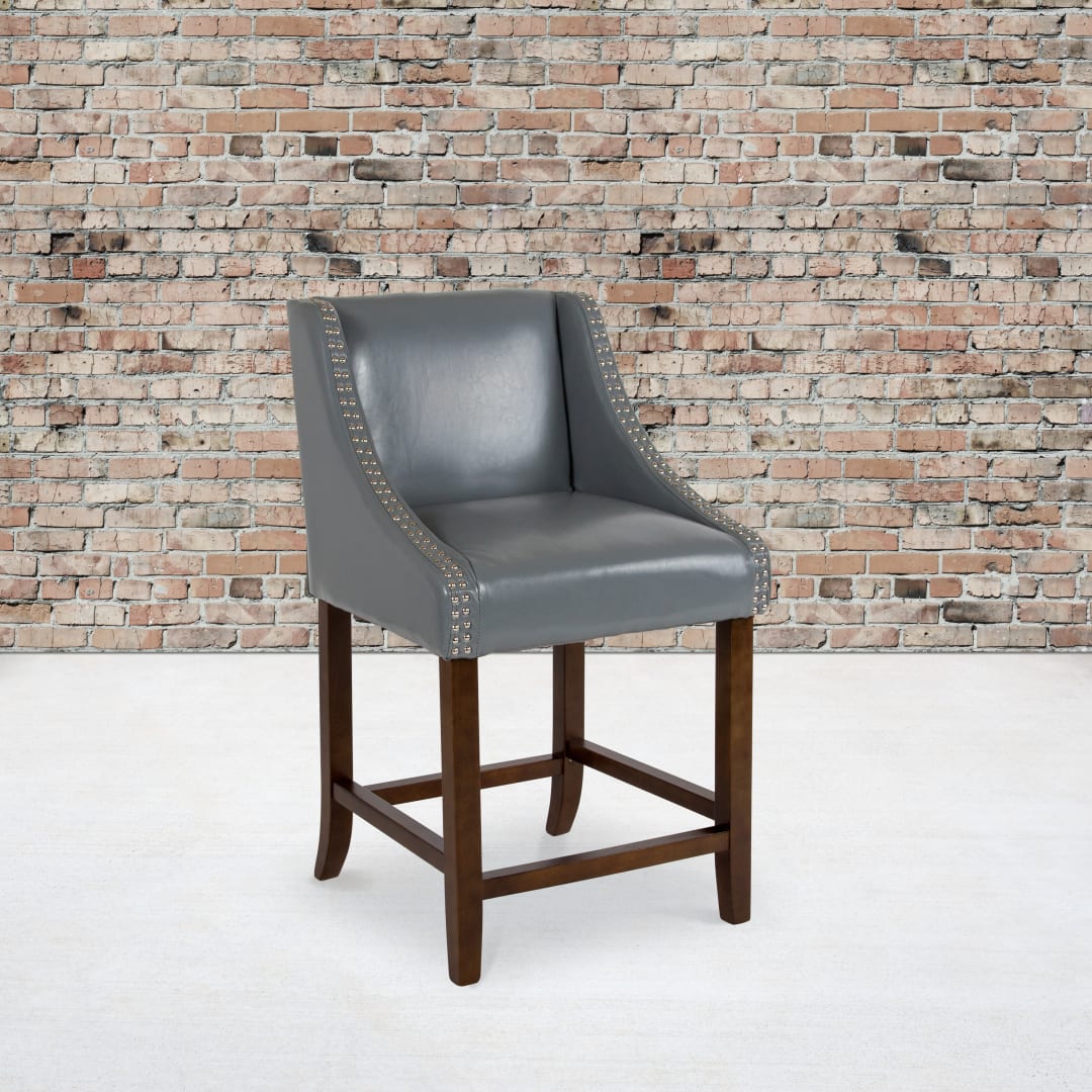 Carmel Series 24" High Transitional Walnut Counter Height Stool with Nail Trim in Light Gray LeatherSoft