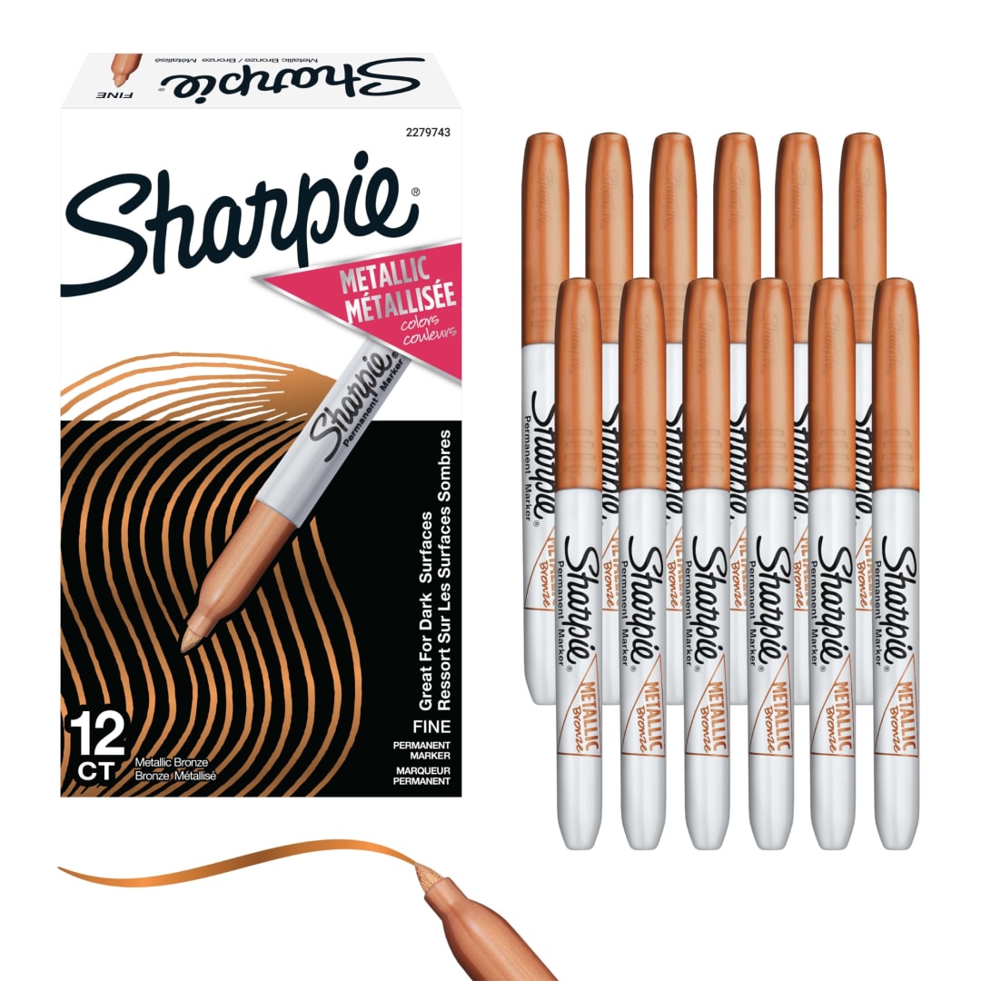 Sharpie Permanent Markers, Metallic Markers, Fine Point, Medium, Bronze, 12 Count