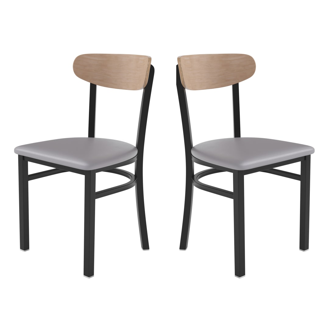 Wright Set of 2 Commercial Dining Chairs with 500 LB. Capacity Black Steel Frame, Natural Birch Finish Wooden Boomerang Back, and Gray Vinyl Seat