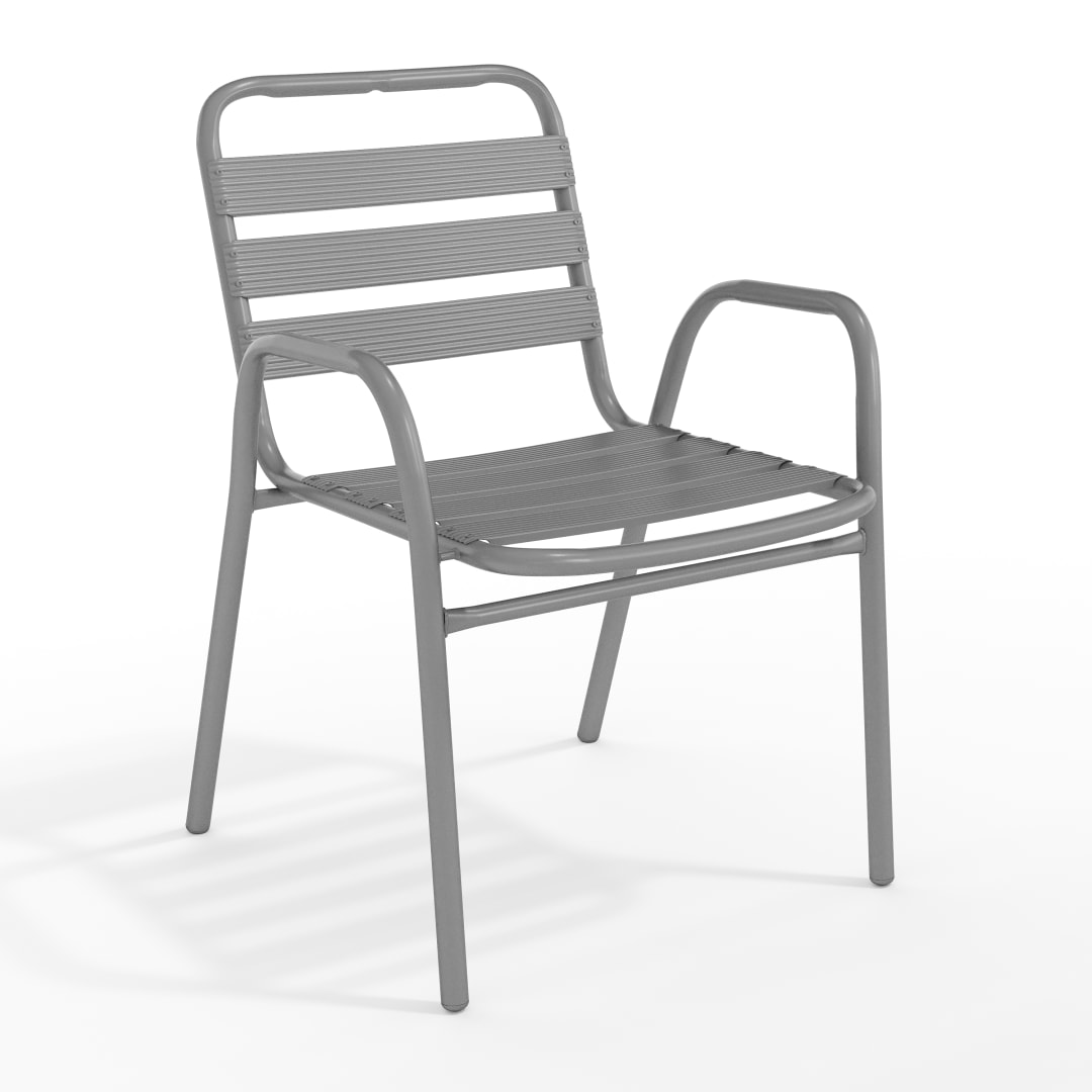Lila Commercial Silver Metal Indoor-Outdoor Restaurant Stack Chair with Metal Triple Slat Back and Arms