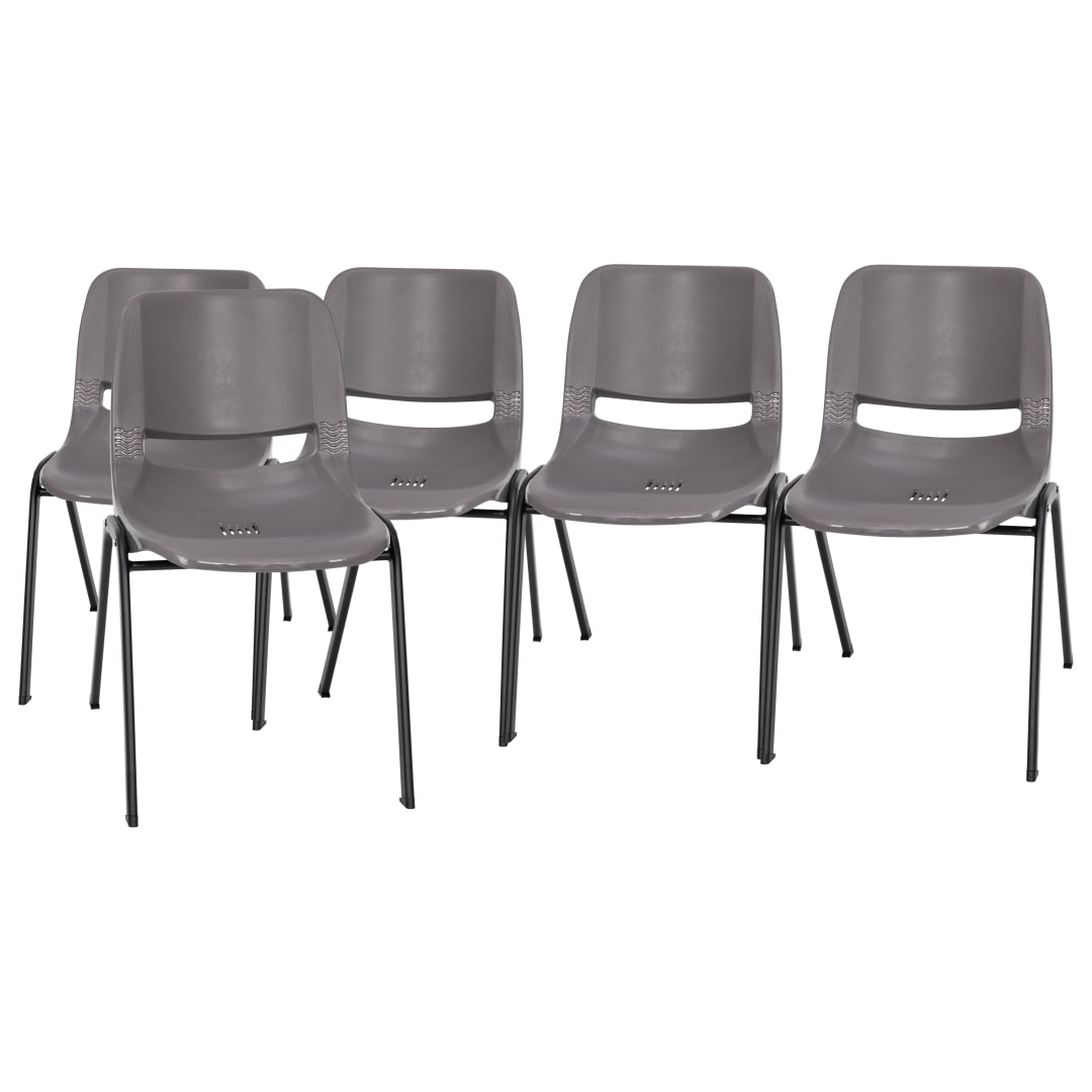 HERCULES Series 661 lb. Capacity Gray Ergonomic Shell Stack Chair with Black Frame and 16'' Seat Height, Set of 5
