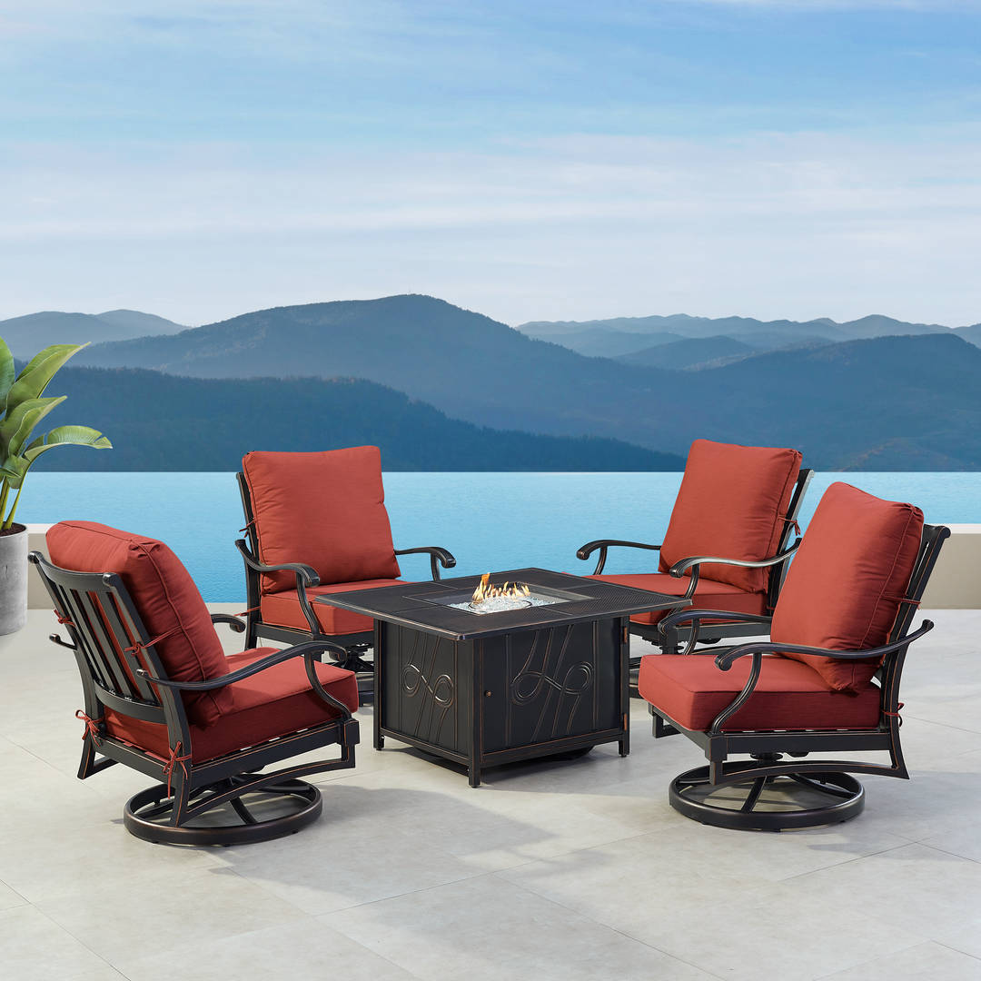 Black Aluminum Patio Fire Table Set with Four Club Chairs