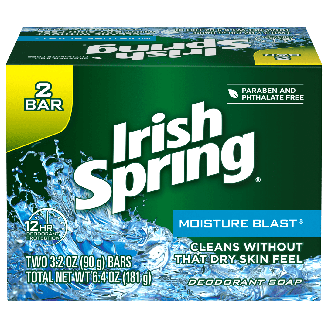 Irish Spring Moisture Blast Moisturizing Bar Soap, Body and Hand Soap Bar Washes Away Bacteria, 3.2 Ounce, 2 Bars