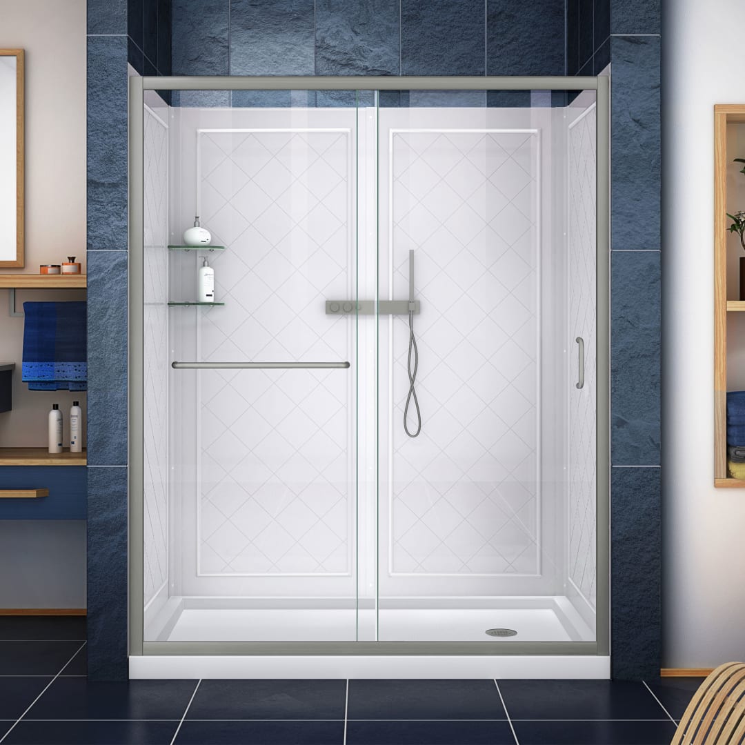DreamLine Infinity-Z 34 inch D x 60 inch W x 76 3/4 inch H Semi-Frameless Sliding Shower Door in Brushed Nickel and Clear Glass, Right Drain Shower Base, and Wall Kit in White