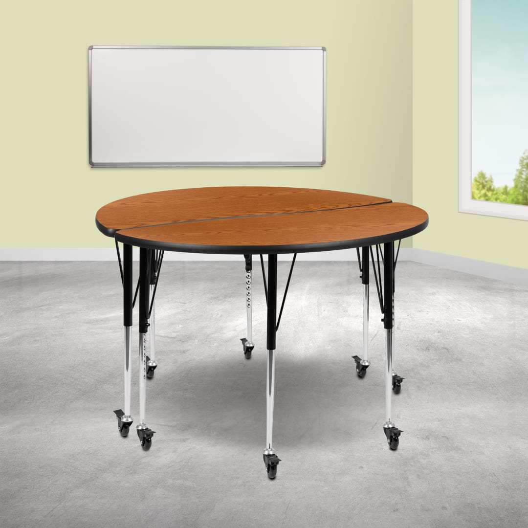 Emmy 2 Piece Mobile 47.5" Circle Wave Flexible Oak Thermal Laminate Adjustable Activity Table Set