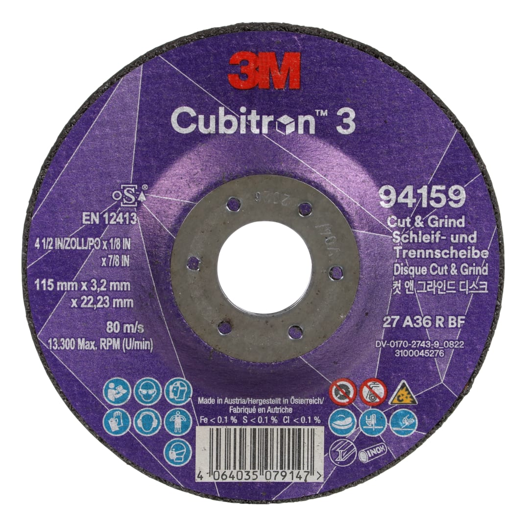 3M™ Cubitron™ 3 Kesme ve Taşlama Taşı, 94159, 36+, T27, 115 mm x 3,2 mm x 22,23 mm, EN, 10/Paket, 20 adet/Kutu