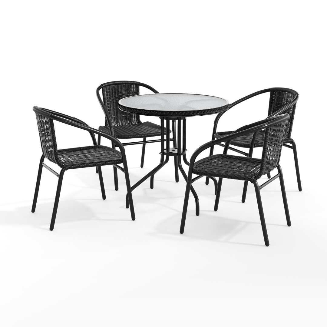 Lila 28'' Round Glass Metal Table with Black Rattan Edging and 4 Black Rattan Stack Chairs