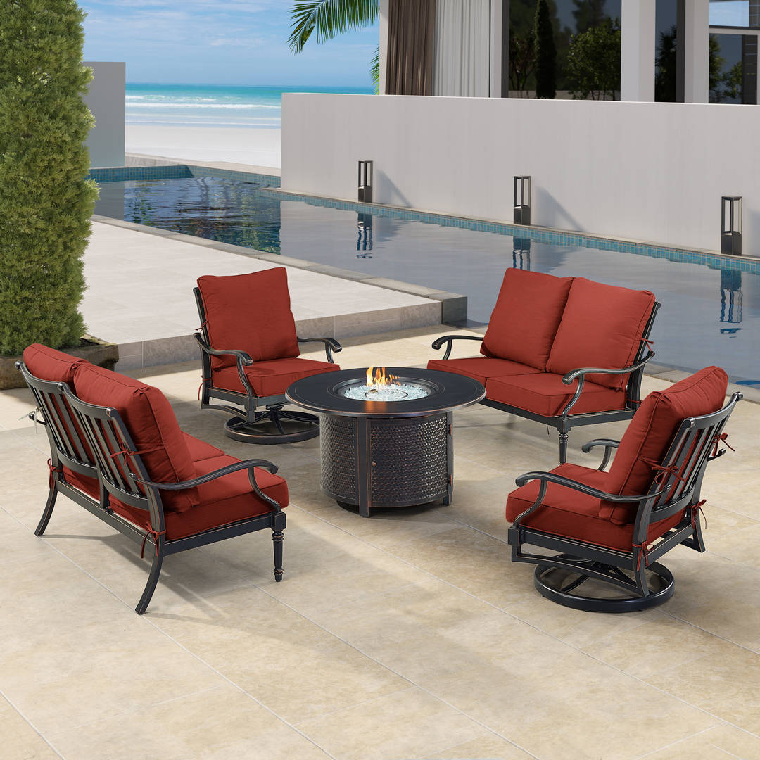 Black Aluminum Patio Fire Table Set with Two Deep Seating Loveseat with Cushions and Two Club Chairs