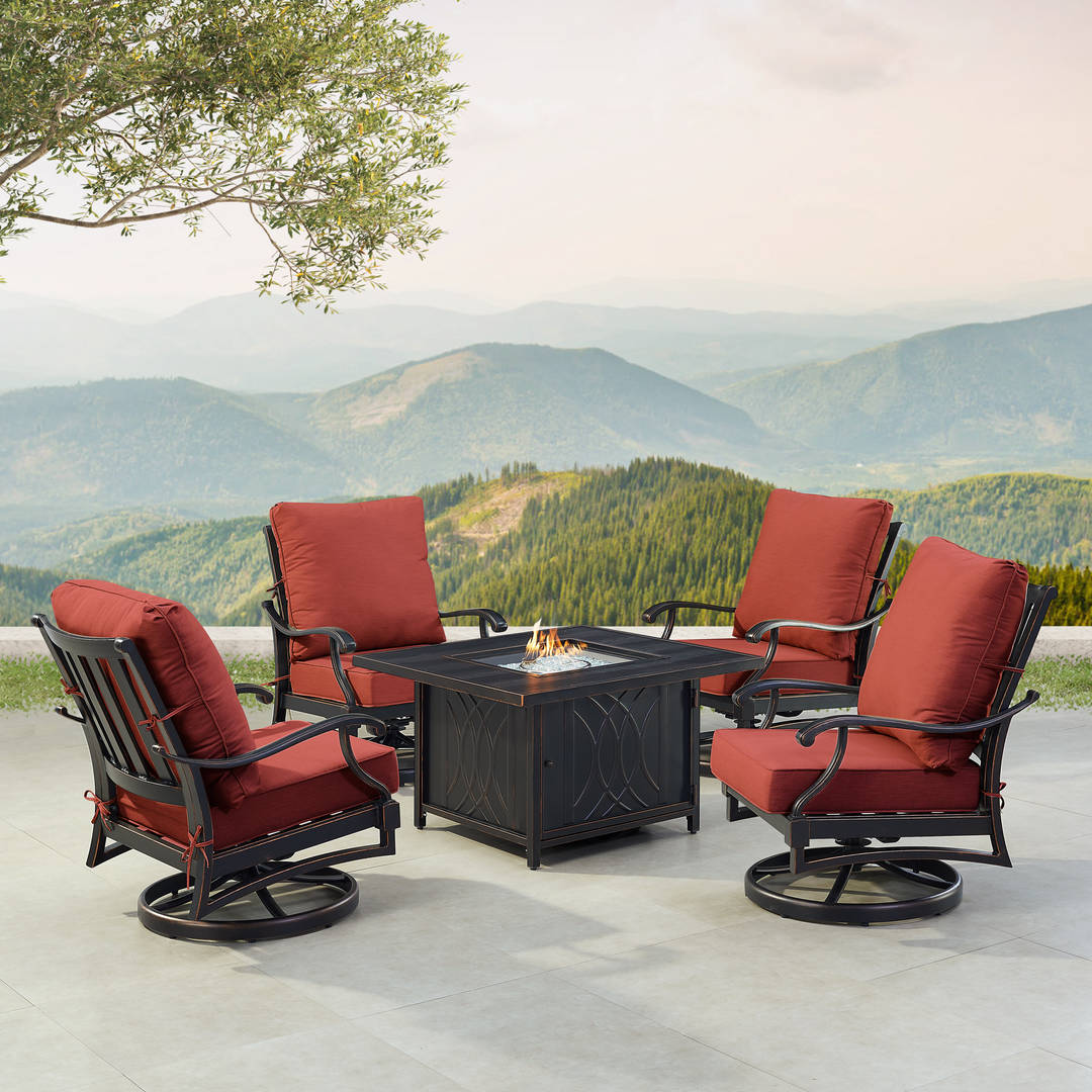 Black Aluminum Patio Fire Table Set with Four Club Chairs