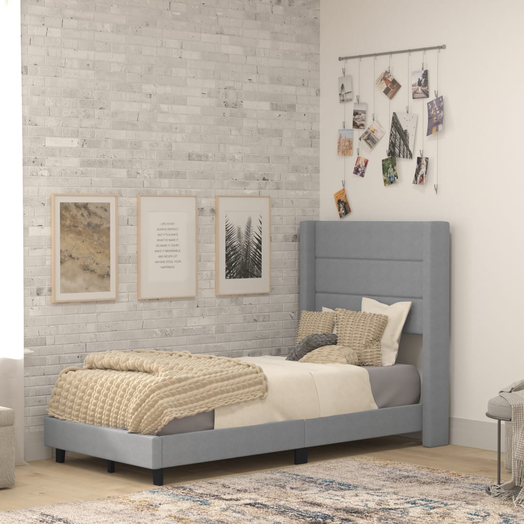 Hollis Twin Upholstered Platform Bed with Wingback Headboard, Mattress Foundation with Slatted Supports, No Box Spring Needed, Gray Faux Linen