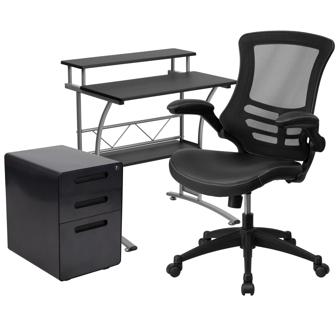 Calder Work From Home Kit - Black Computer Desk, Ergonomic Mesh/LeatherSoft Office Chair and Locking Mobile Filing Cabinet