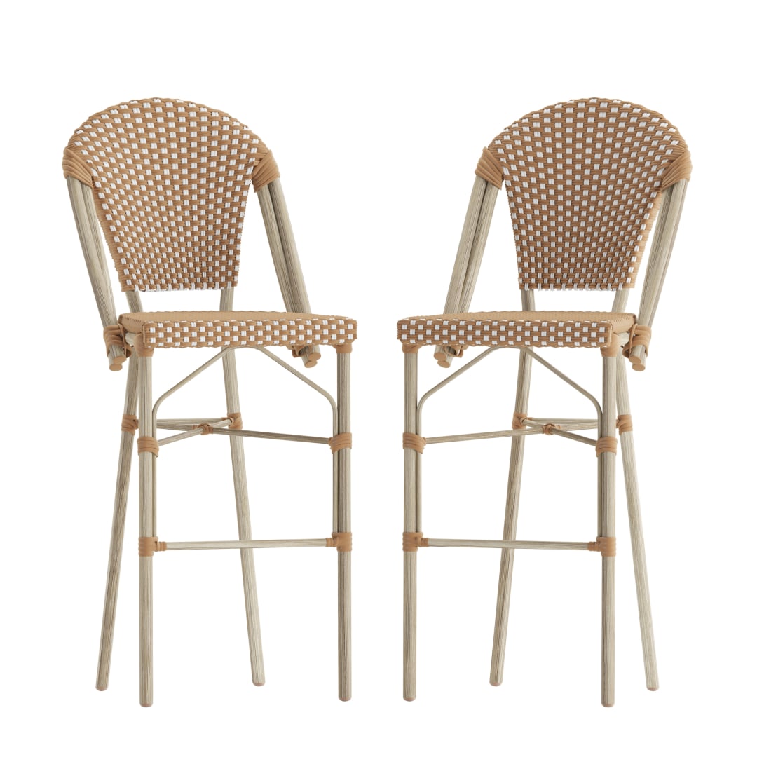 Lourdes Set of 2 Stackable Indoor/Outdoor Bistro 30" High Bar Stools, Commercial Grade, Natural/White and Light Natural Finish