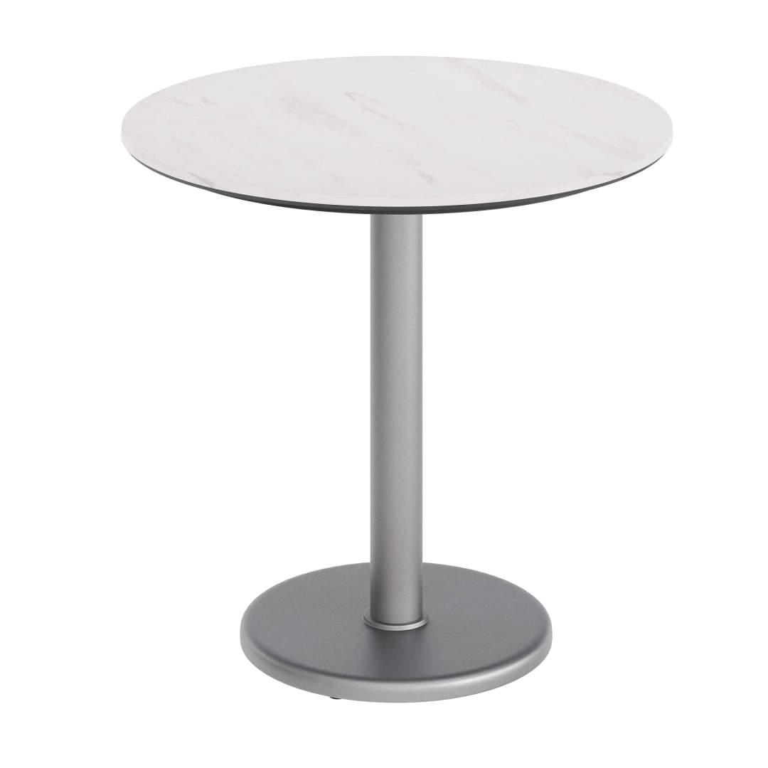 Acadia 31.25" Round Indoor Outdoor Tabletop in White Faux Marble with TopGuard HPL Technology and 18" Round Silver Cast Iron Table Base