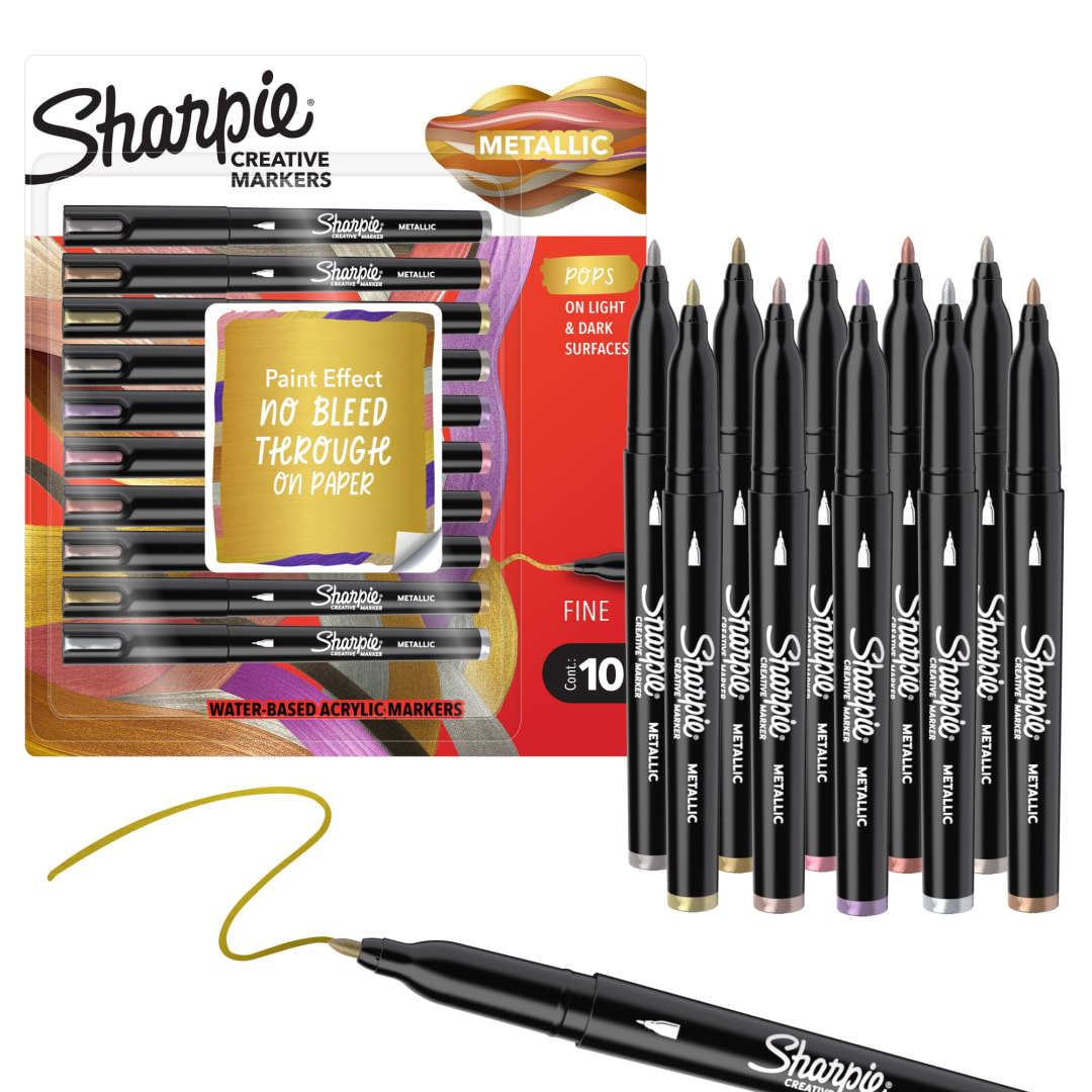 Sharpie Creative Markers, Metallic Markers, Water-Based Acrylic Markers, Fine Tip, Assorted, 10 Count
