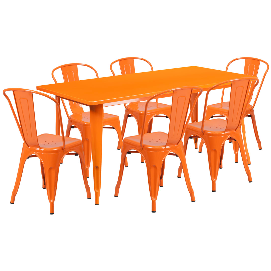 Gilbert Commercial Grade 31.5" x 63" Rectangular Orange Metal Indoor-Outdoor Table Set with 6 Stack Chairs