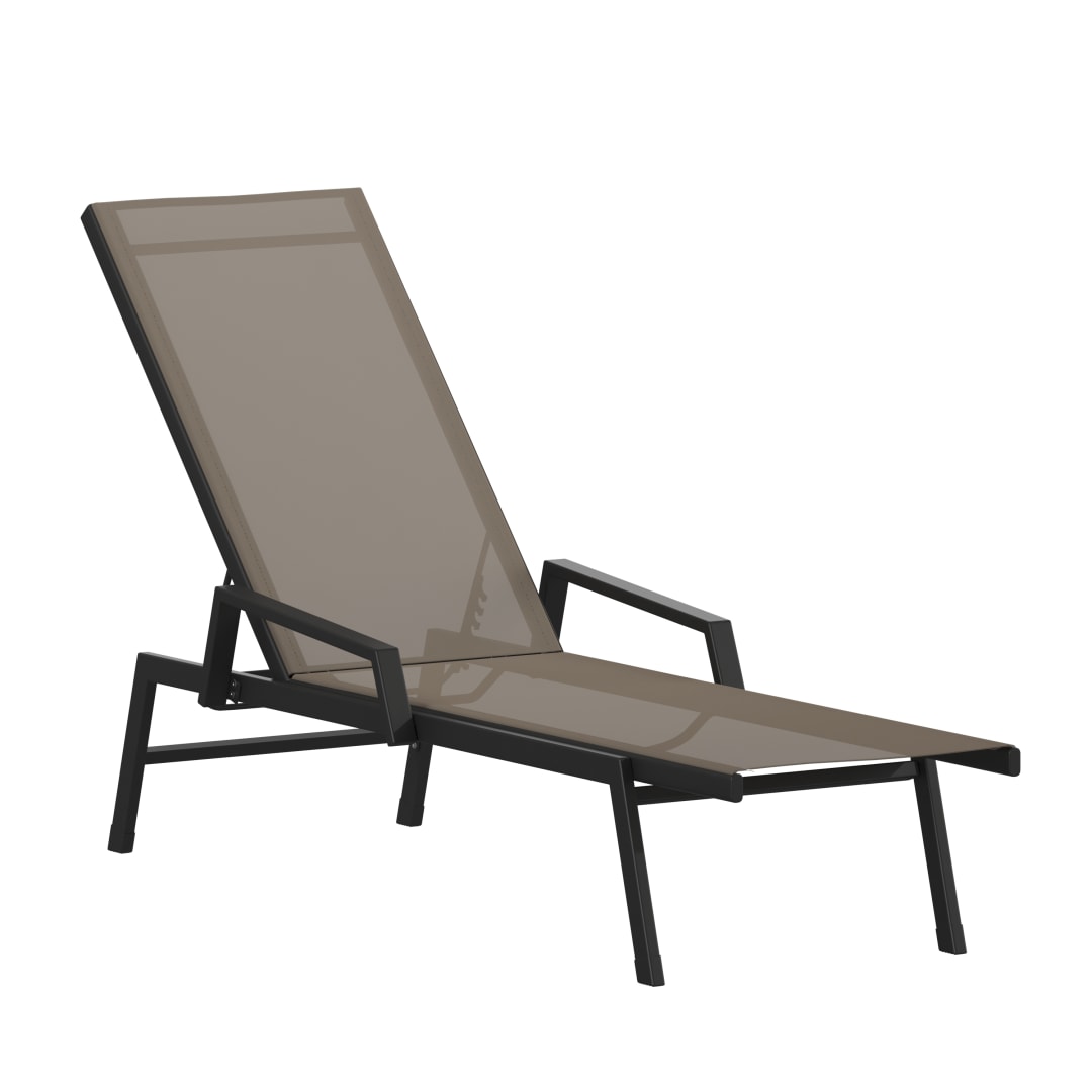 Brazos Adjustable Chaise Lounge Chair with Arms, All-Weather Outdoor Five-Position Recliner, Black/Brown