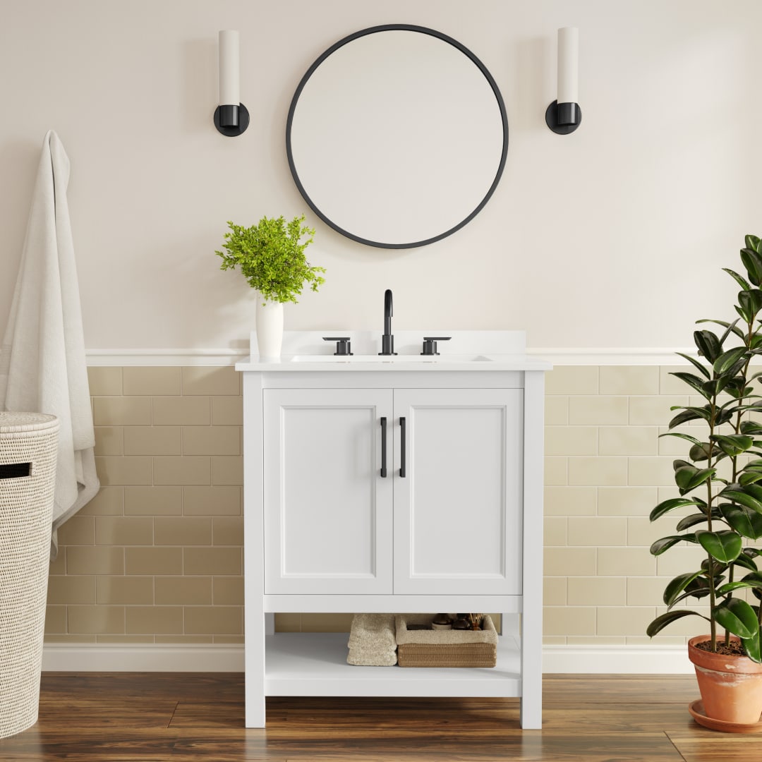 Vega 30" Bathroom Vanity with Sink, Storage Cabinet with Soft Close Doors &amp; Open Shelf, Carrara Marble Finish Counter &amp; Black Hardware, White/White