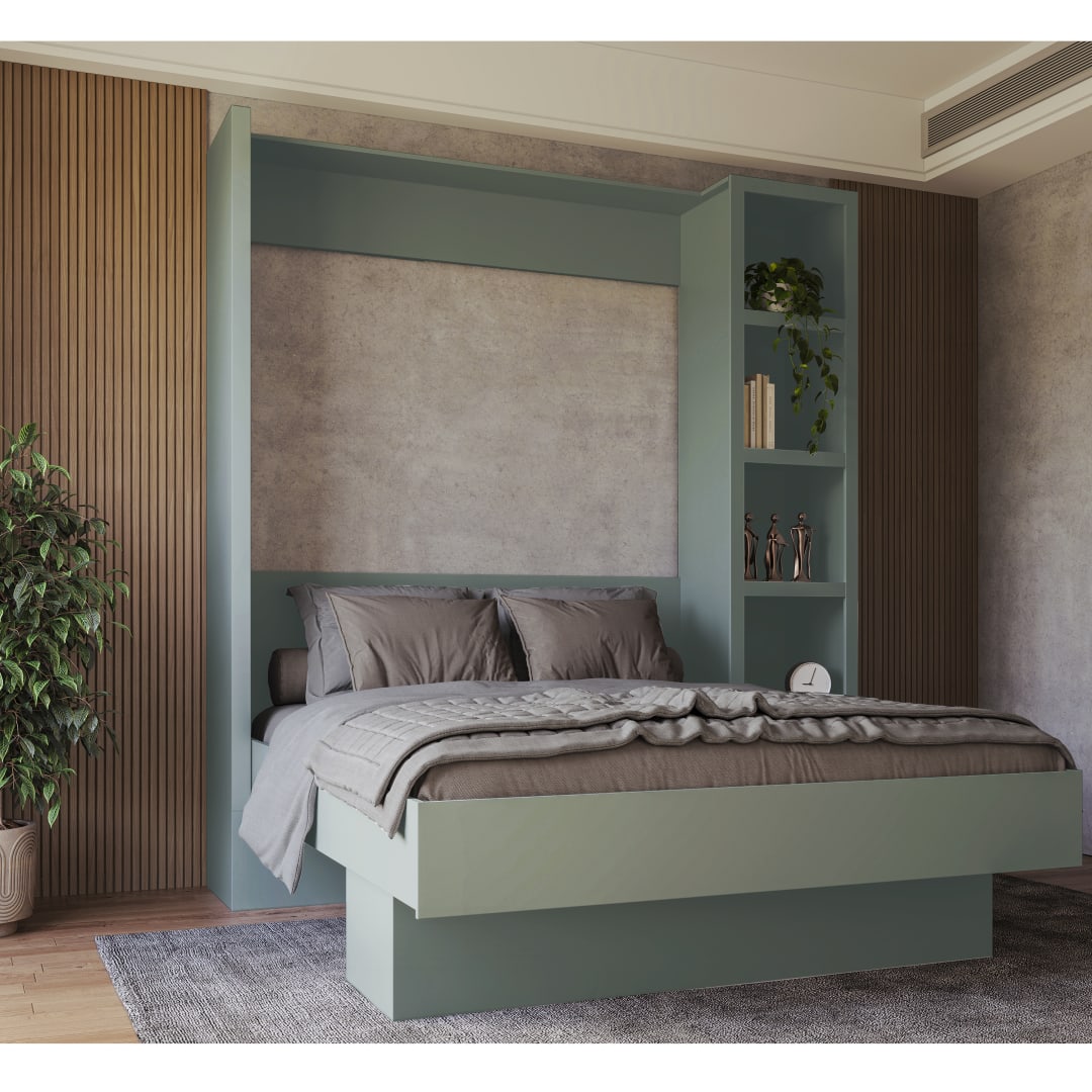 Easy-Lift Queen Murphy Wall Bed in Green with Bookshelf