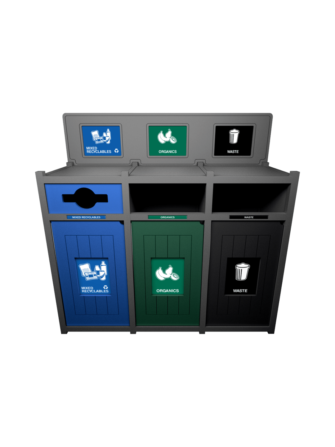  VISION - Triple - Unit - Mixed Recyclables-Organics-Waste - Mixed-Full-Full - Grey-Blue-Green-Black