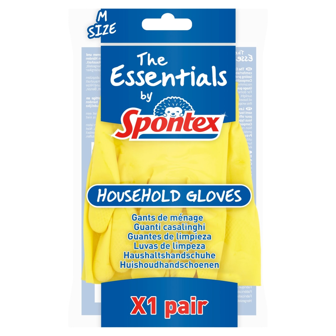 Guantes de goma reutilizables The Essentials de Spontex | Medianos | Guantes para limpieza de látex natural | Forro de algodón | 1 par
