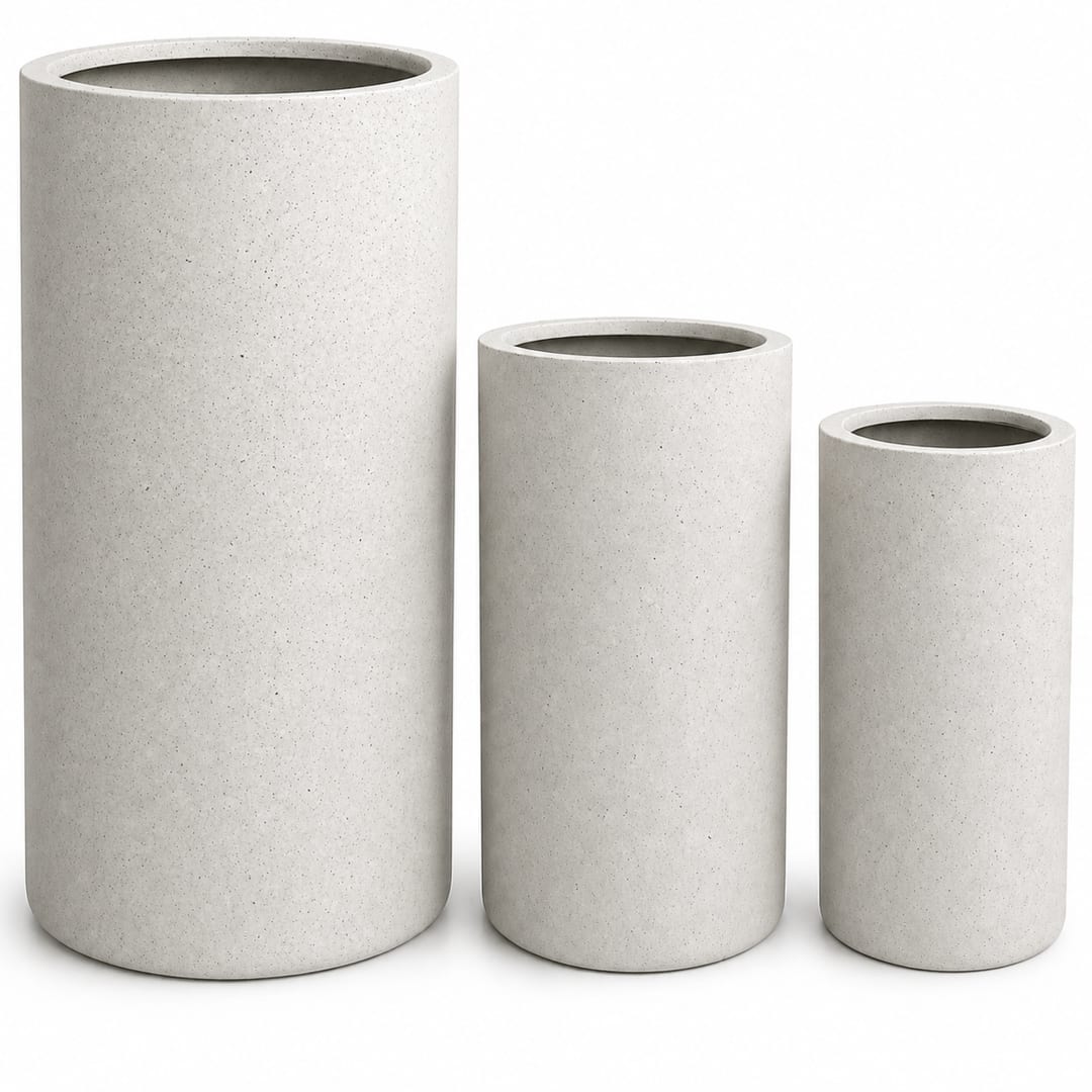 Set of 3 Tall Cylinder Polystone Indoor/Outdoor Planters, White
