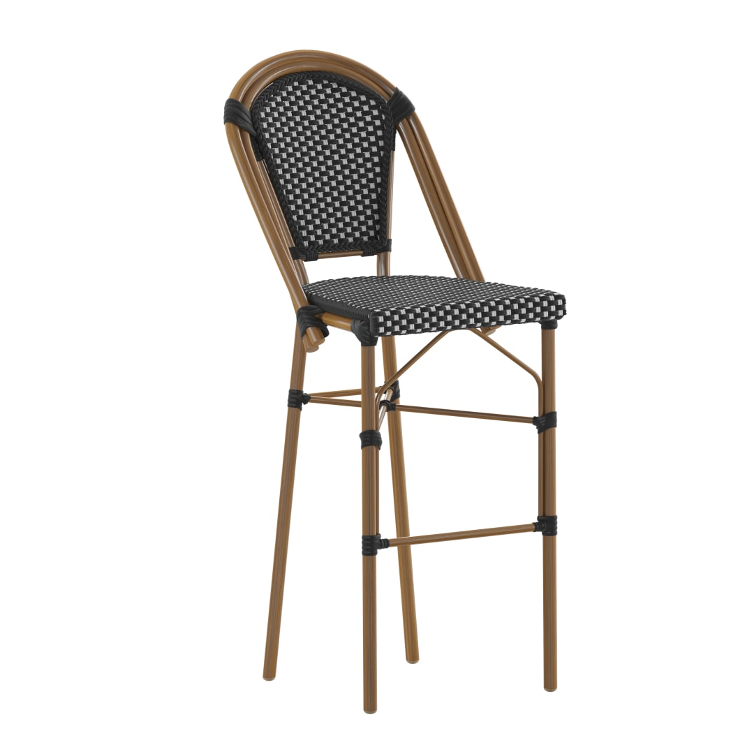 Bordeaux Stackable Indoor/Outdoor Bistro 30" High Barstool, Commercial Grade, Black/White and Bamboo Finish