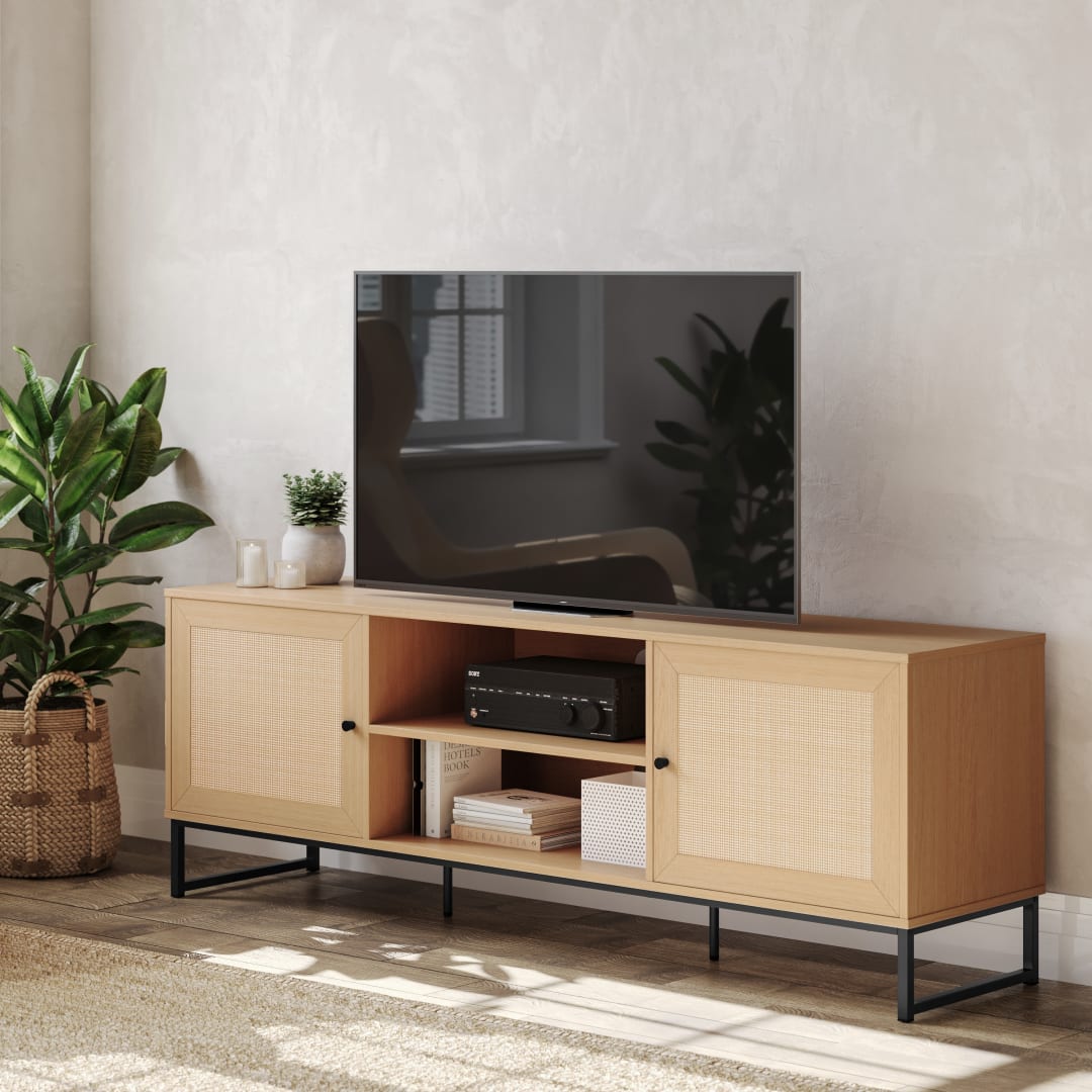 Malaki Mid-Century Modern 65 Inch TV Stand with 2 Rattan Soft Close Doors and Fixed Center Shelf, TV Stand for up to 70" TV's in Natural