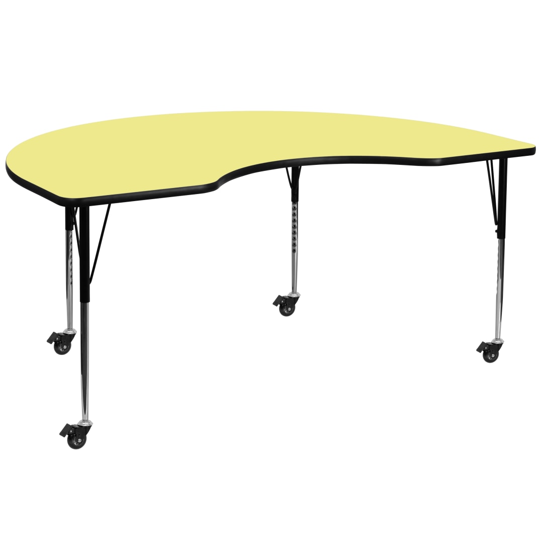 Wren Mobile 48''W x 96''L Kidney Yellow Thermal Laminate Activity Table - Standard Height Adjustable Legs