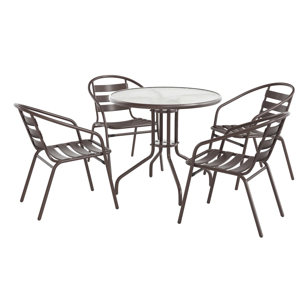 Lila 31.5'' Round Glass Top Metal Table with 4 Bronze Aluminum Slat Stack Chairs