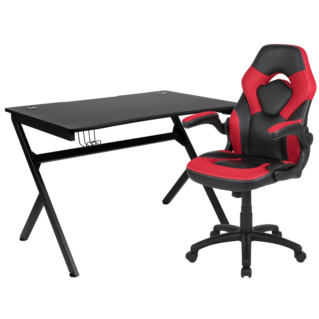 Optis Black Gaming Desk and Red/Black Racing Chair Set with Cup Holder, Headphone Hook &amp; 2 Wire Management Holes
