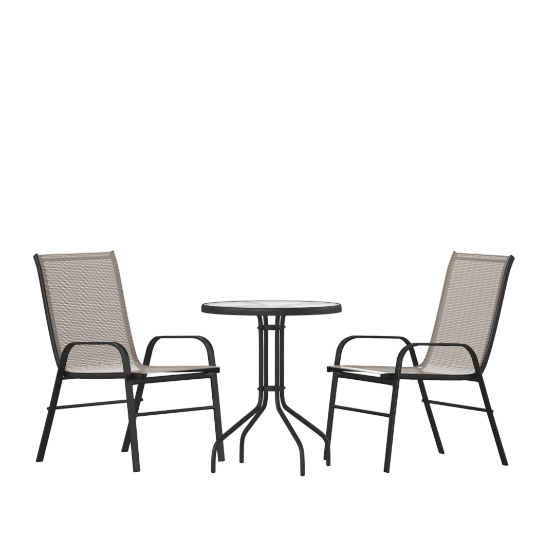 Brazos 3 Piece Outdoor Patio Dining Set - 23.75" Round Tempered Glass Patio Table, 2 Brown Flex Comfort Stack Chairs