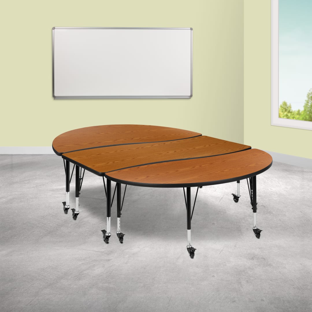 Emmy 3 Piece Mobile 86" Oval Wave Flexible Oak Thermal Laminate Activity Table Set - Height Adjustable Short Legs
