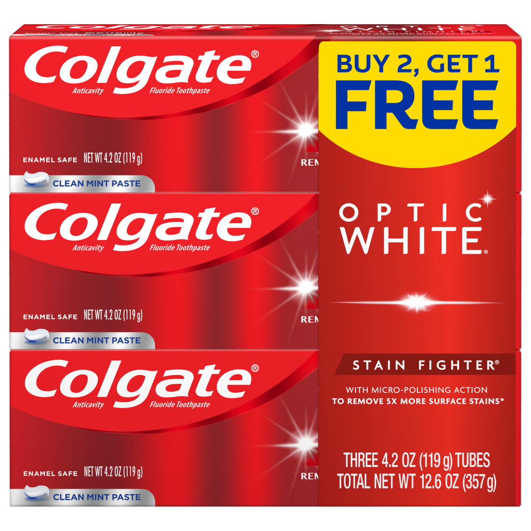Colgate Optic White Stain Fighter Stain Removal Toothpaste, Clean Mint, 4.2 Oz, 3 Pack