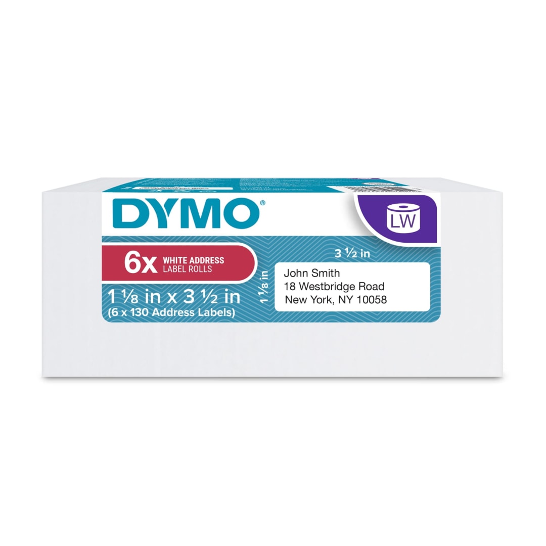 DYMO® Authentic LW Mailing Address Labels, DYMO® Labels for LabelWriter™ Label Printers, 1-1/8" x 3-1/2", 6 Rolls of 130 (780 Total)
