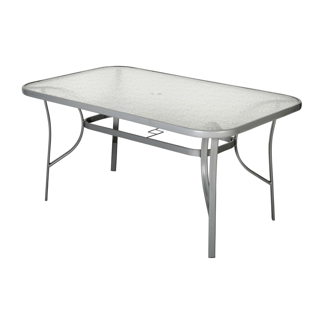 Tory Commercial Grade 35" x 59" Rectangular Patio Table with Tempered Glass Top with Umbrella Hole and Steel Tube Frame in Silver