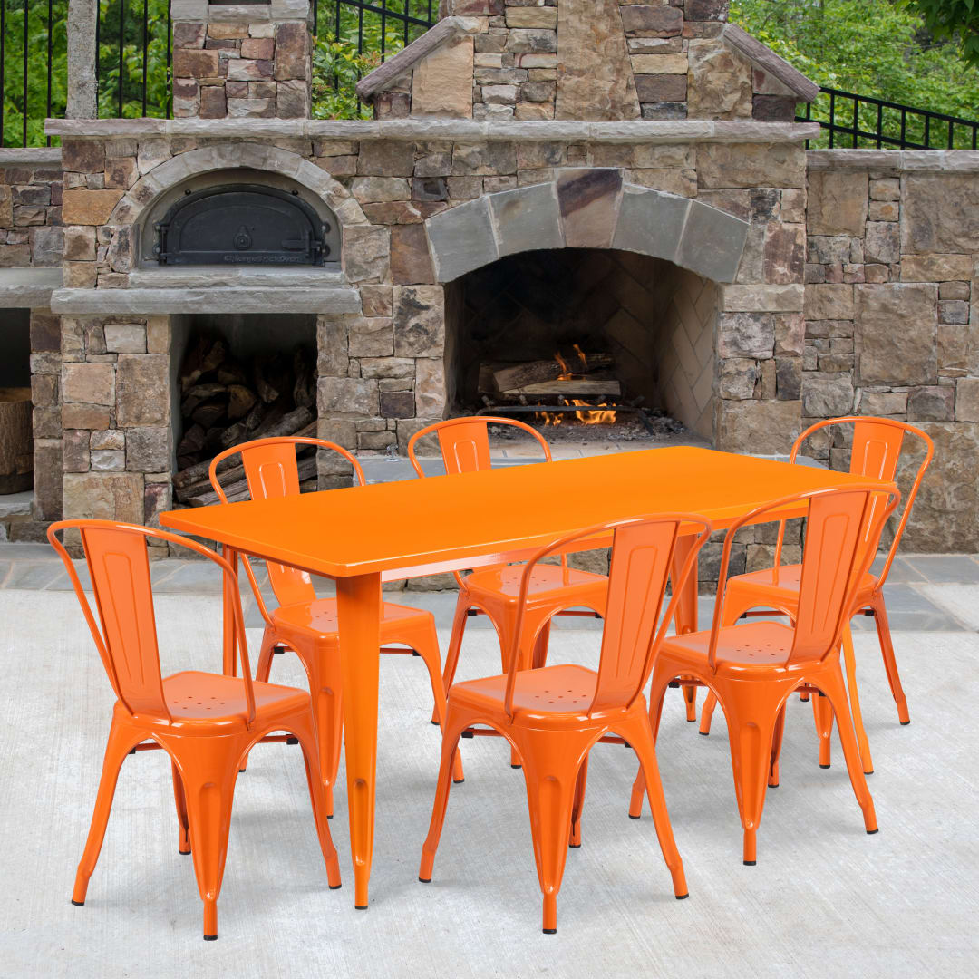 Gilbert Commercial Grade 31.5" x 63" Rectangular Orange Metal Indoor-Outdoor Table Set with 6 Stack Chairs