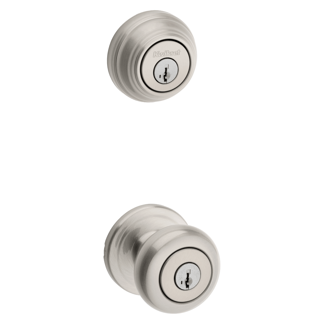 992 Juno Keyed Entry Knob and Double Cylinder Deadbolt Combo Pack featuring SmartKey Security™ in Satin Nickel