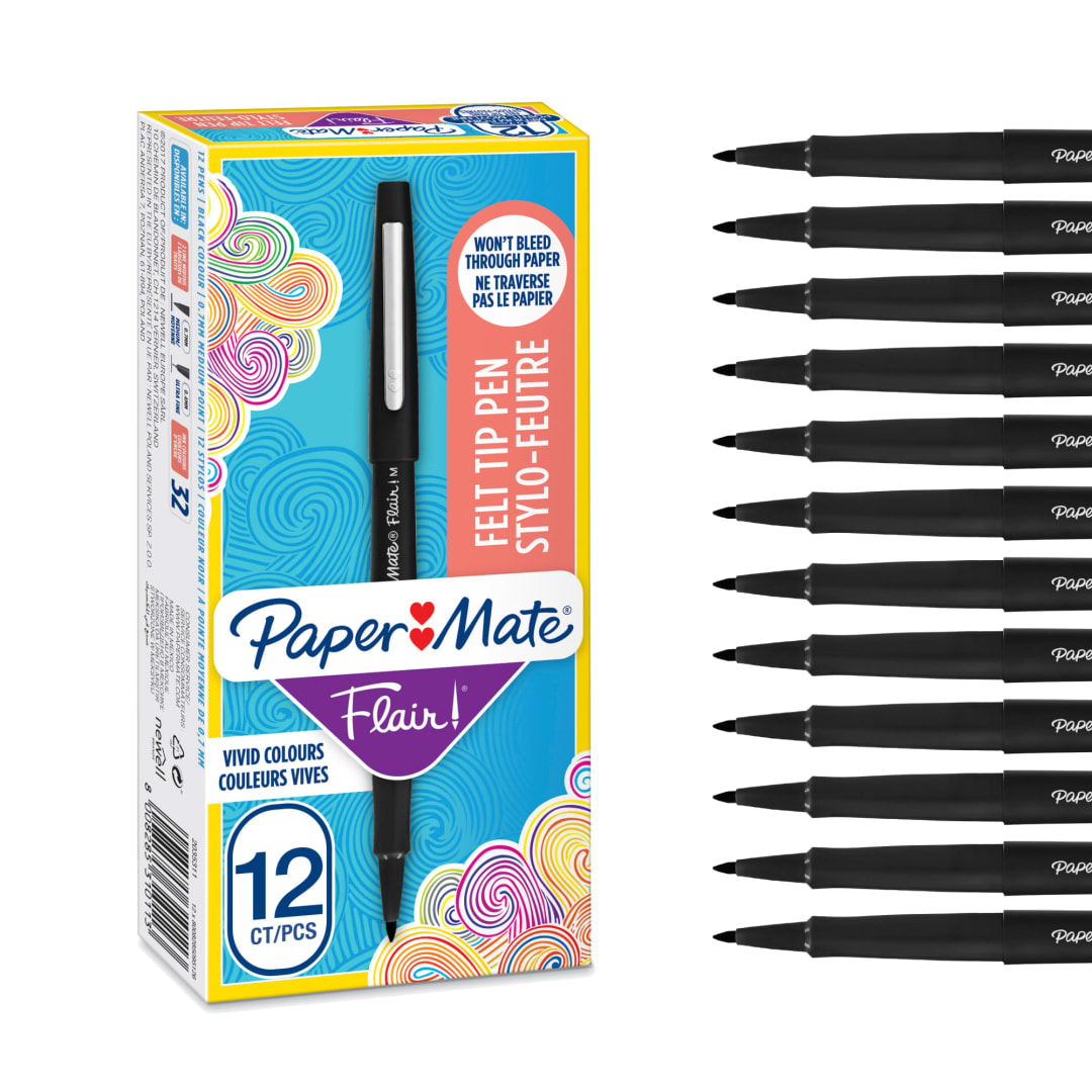 Paper Mate® Flair Felt Tip Pens | Medium Point (0.7mm) | Black | 12 Count