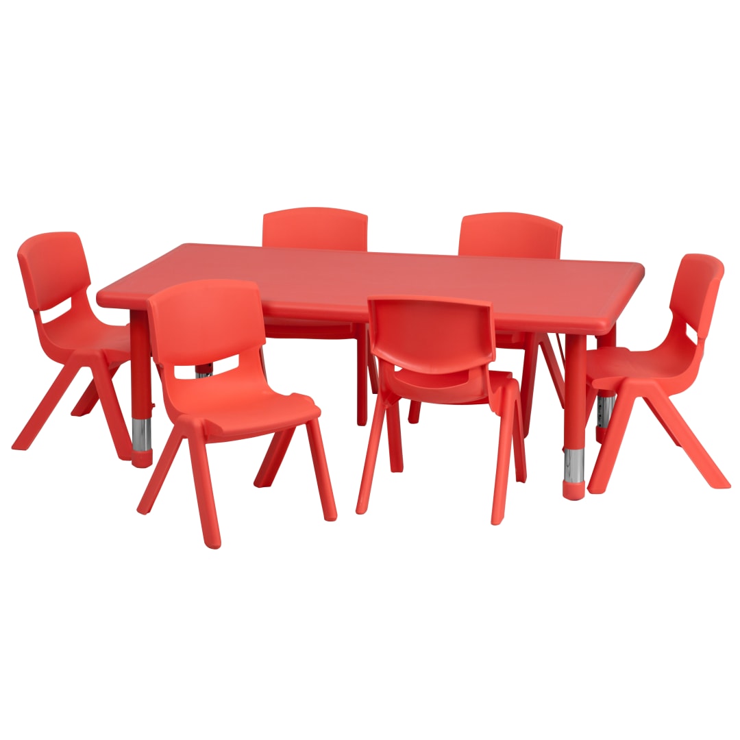 Emmy 24''W x 48''L Rectangular Red Plastic Height Adjustable Activity Table Set with 6 Chairs