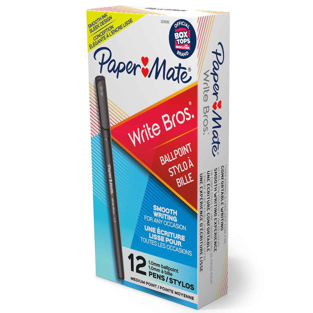 Paper Mate® Ballpoint Pens, Write Bros. Black Ink Pens, Medium Point (1.0mm), 12 Count