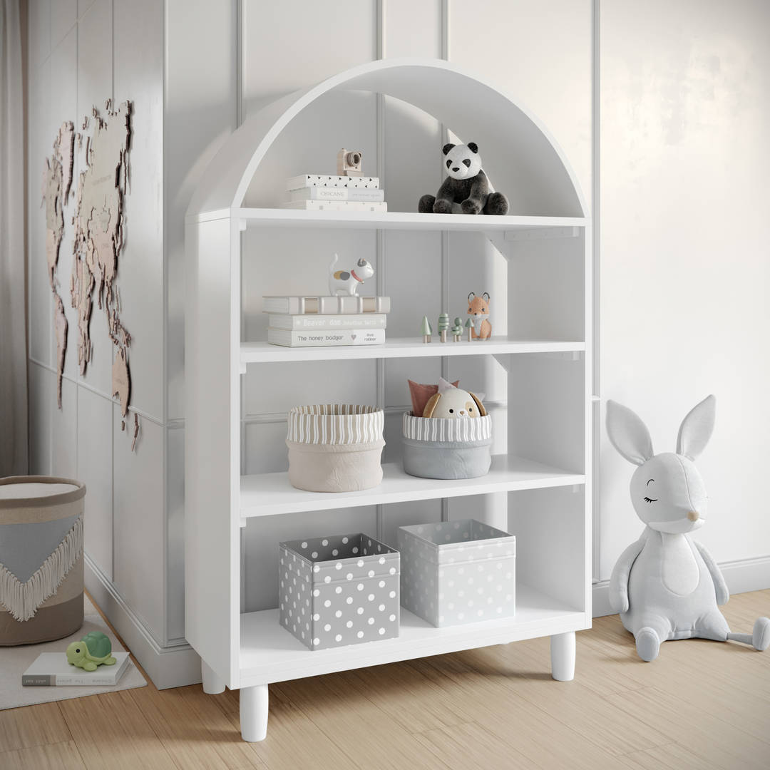 Firwood Open Bookshelf with Covered Rounded Top, 4 Shelves, and Cylindrical Legs in White