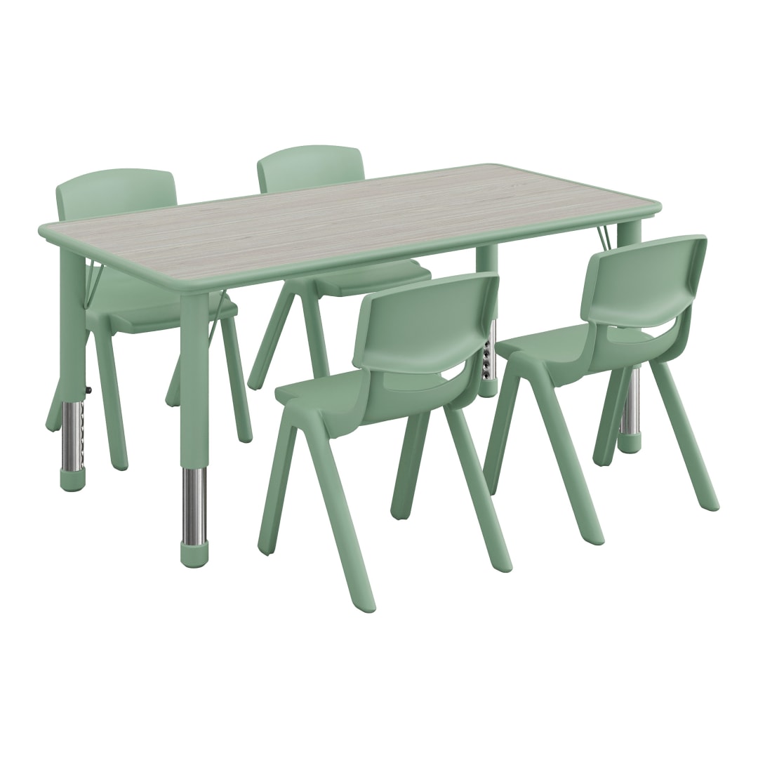 Emmy 5-Piece Kids Height Adjustable Activity Table Set, 47.25" x 23.5" Light Gray Woodgrain Laminate Top, Sage Frame, 4 Sage Chairs