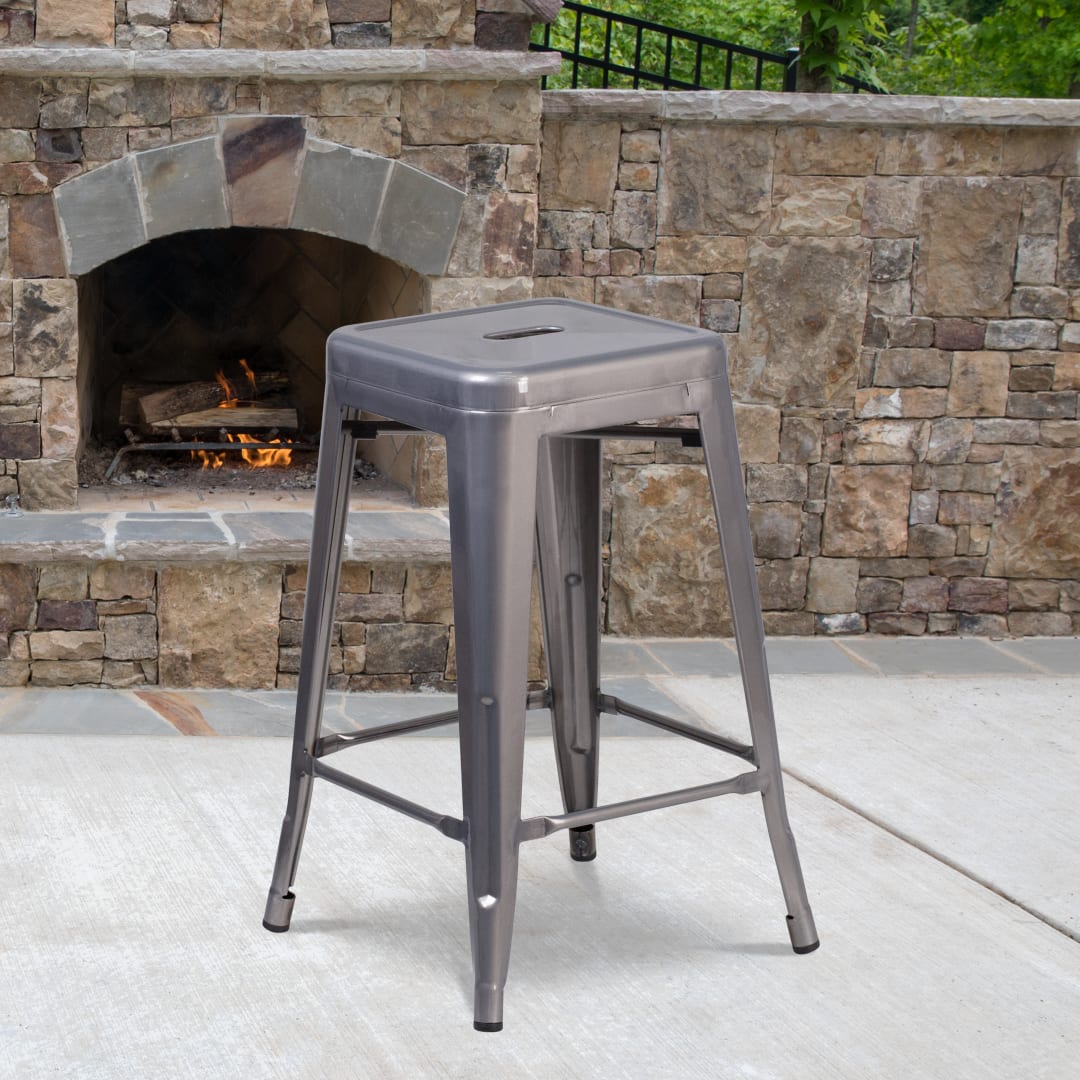 Lincoln 24'' High Backless Silver Antique Finish with Clear Coat Metal Indoor Counter Height Stool with Square Seat