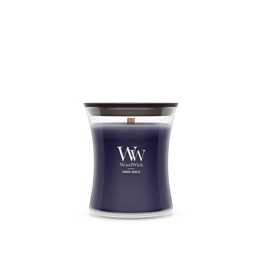 WoodWick® Hinoki Dahlia Scented Medium Hourglass Candle, Crackles as it Burns, Great for gifting, 9.7oz