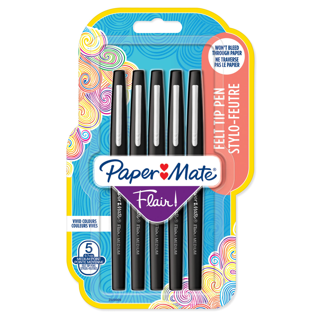 Paper Mate® Flair Felt Tip Pens | Medium Point (0.7mm) | Black | 5 Count