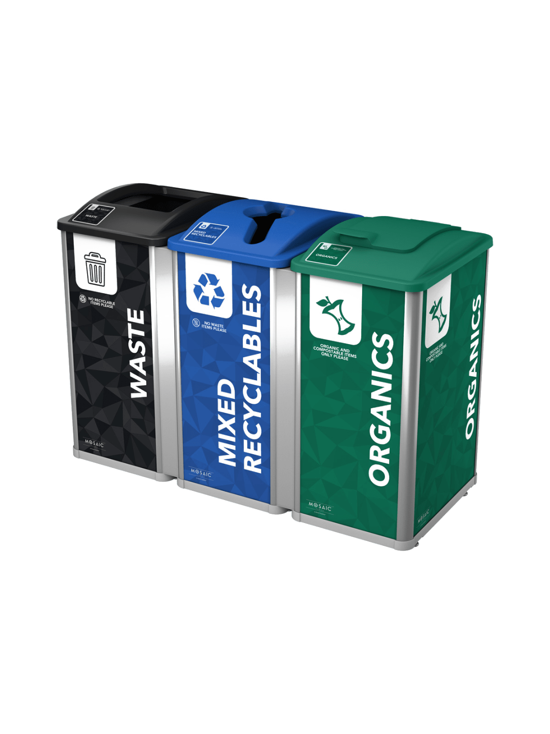 MOSAIC - Triple - Kit - Waste-Recyclables-Organics - Full-Mixed-Solid Lift - Silver-Black-Blue-Green
