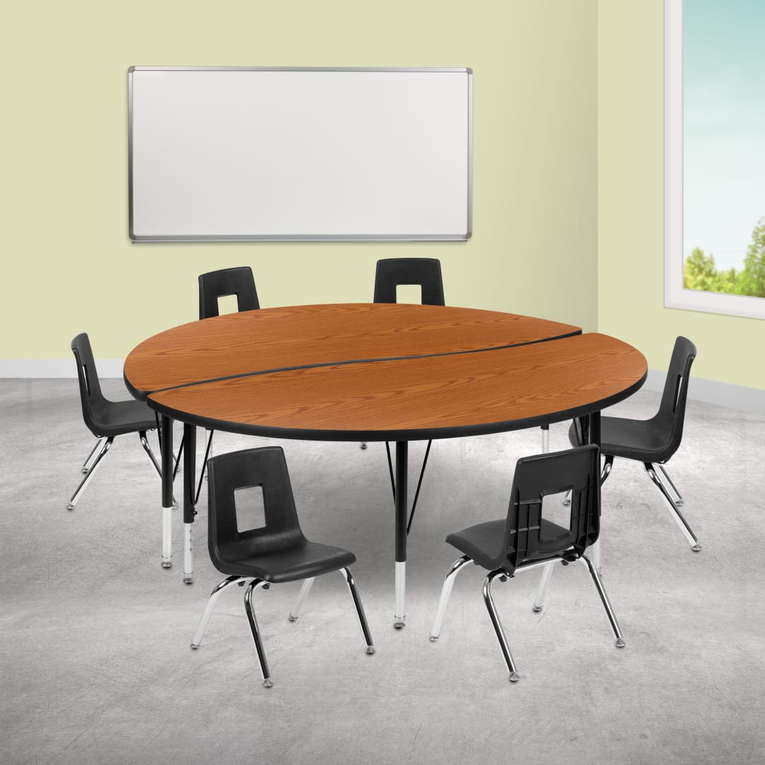 Emmy 60" Circle Wave Flexible Laminate Activity Table Set with 12" Student Stack Chairs, Oak/Black